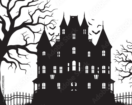 A spooky haunted house on a hill with trees and bats