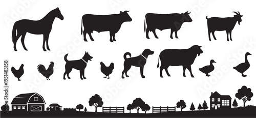 Farm animals and rural scene silhouette set