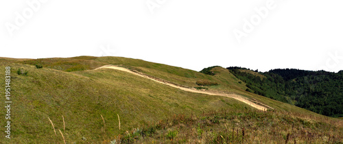 Winding dirt path along a grassy mountain ridge with forest view isolated on white background. PNG file