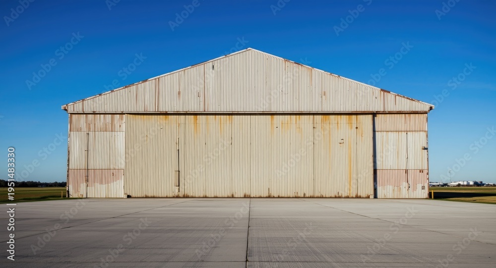 Obraz premium Aged hangar facade showing weathered material and spacious blank space for text in classic aviation context