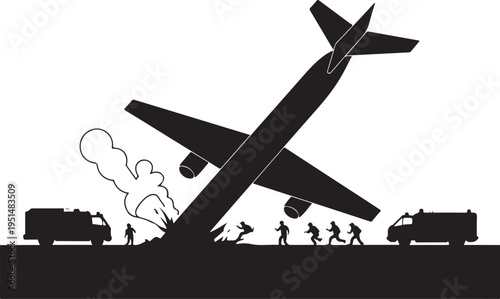 Crashed airplane with smoke and people running emergency vehicles