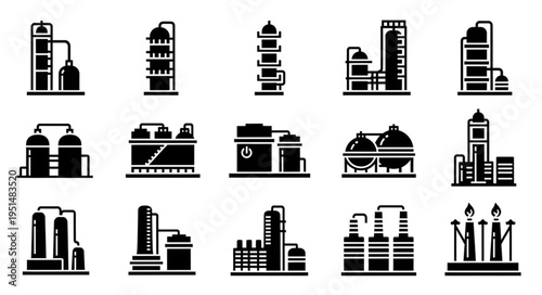 Industrial Plant Icons - A Collection of Black and White Factory Silhouettes.
