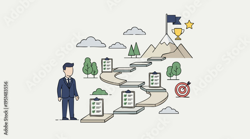 Businessman Standing on a Pathway Leading to a Mountain with Flags and Trophies, Symbolizing Goals and Success in Career or Business