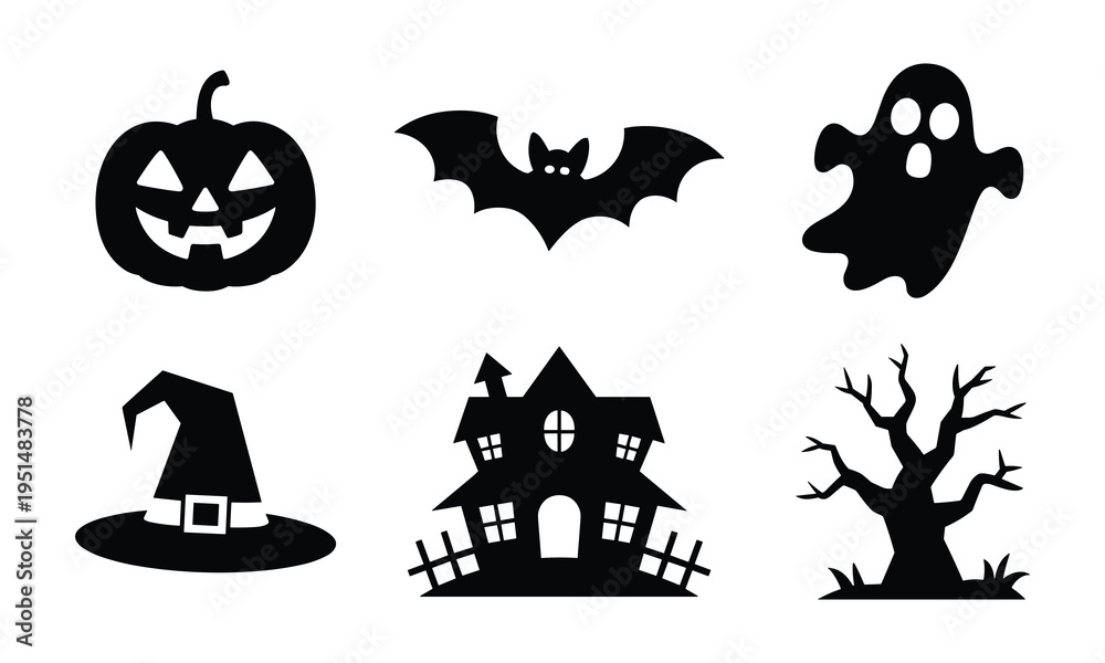 Obraz premium Set of halloween black silhouettes and spooky icons - jack-o'-lantern, bat, ghost, haunted house, witch hat, dead tree for scary celebration