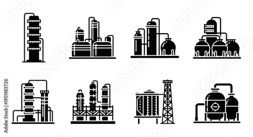Oil Refinery Plant Icons - Industrial Processing and Manufacturing.