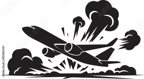 Crashing airplane with smoke and explosion black