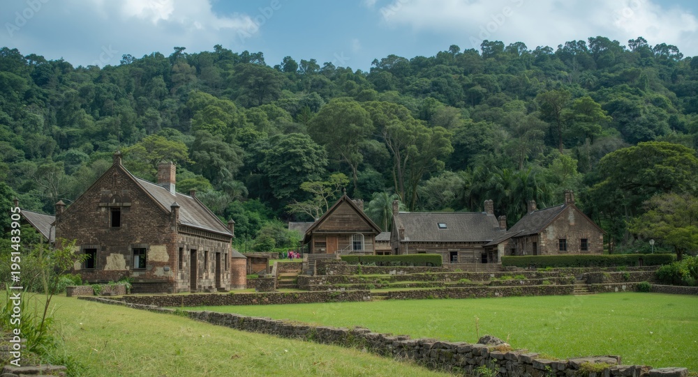 Obraz premium Mun Clan cultural site with historic structures set in a verdant rural environment