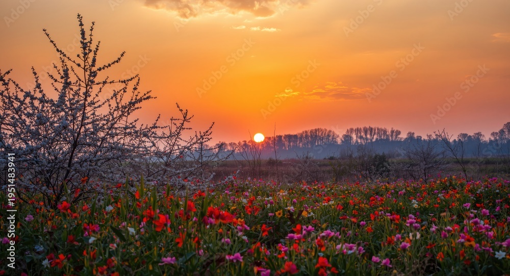 Obraz premium Peaceful landscape with colorful blossoms under a warm orange sunset sky