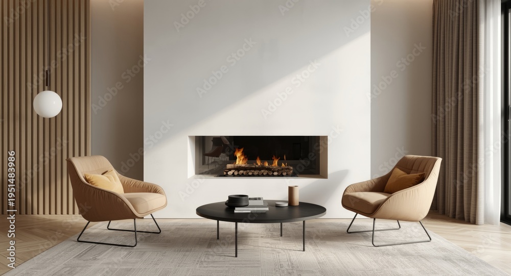 Fototapeta premium Modern fireplace surrounded by two stylish accent chairs in a minimalist art deco interior with serene atmosphere