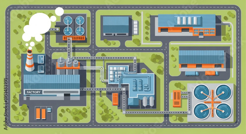 Overhead View of Industrial Plant with Buildings and Smokestack.