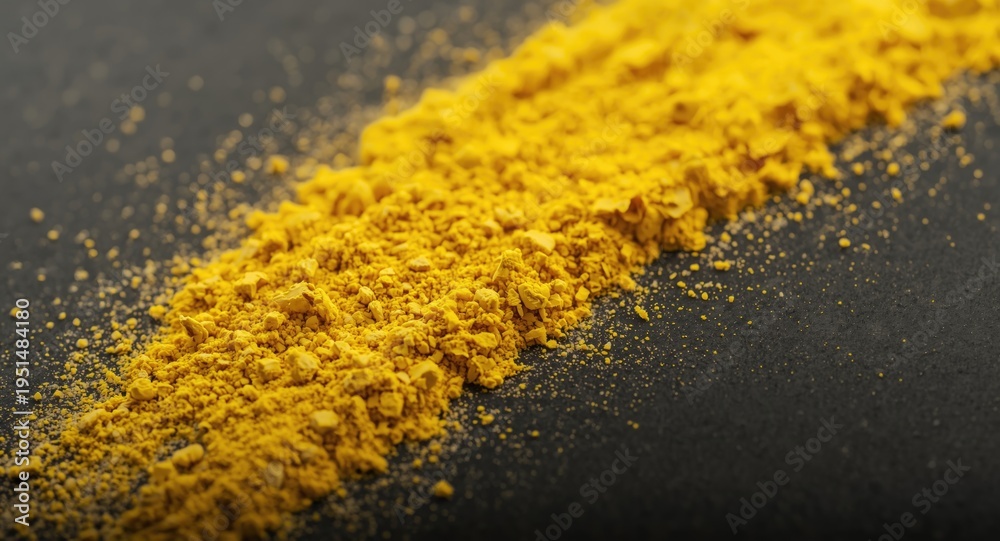 Fototapeta premium high detail macro of yellow powdery material on dark surface with soft lighting