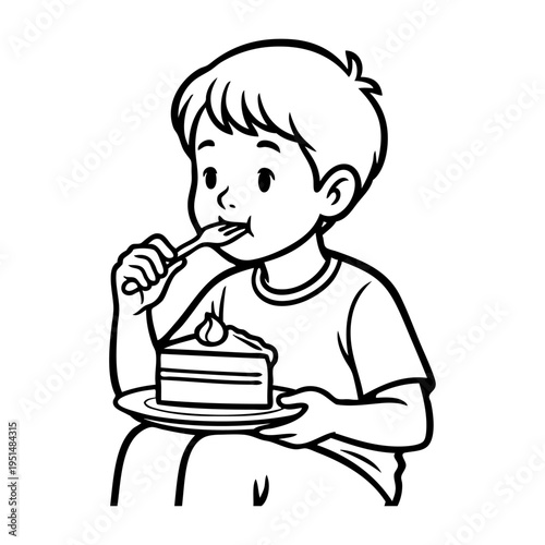 Dibujo sencillo con líneas de un niño comiendo una porción de tarta con plato y tenedor