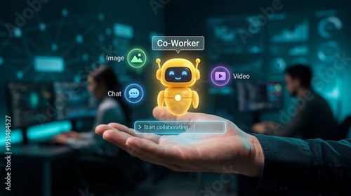Interactive ai collaboration cute yellow robot avatar in a digital workspace technology environment modern viewpoint innovation concept