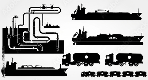 Silhouetted Oil and Gas Industry Elements - Tankers, Trucks, and Pipelines.