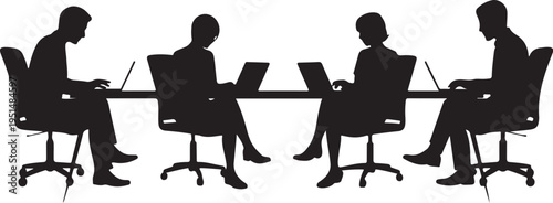 Four people sitting at a table with laptops silhouettes