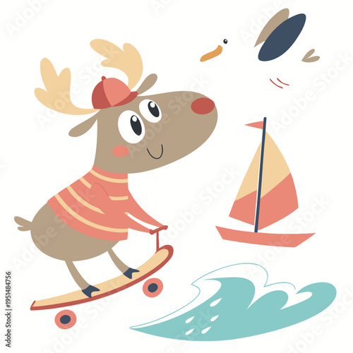 Vector illustration of a Playful Moose with riding a skateboard, styled in a Beach day theme using Ocean Breeze colors