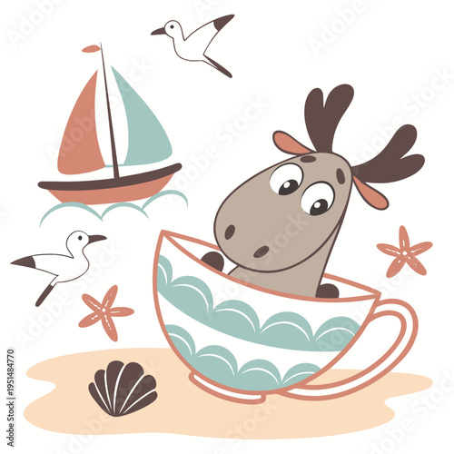 Cute SVG of a Surprised Moose in Ocean Breeze colors, featuring in a teacup in a Beach day setting