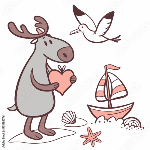 Cute SVG of a Amused Moose in Ocean Breeze colors, featuring holding a heart in a Beach day setting