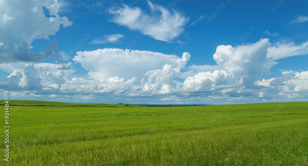 Fototapeta premium Lush grassland landscape complemented by a vibrant blue sky and billowy white clouds