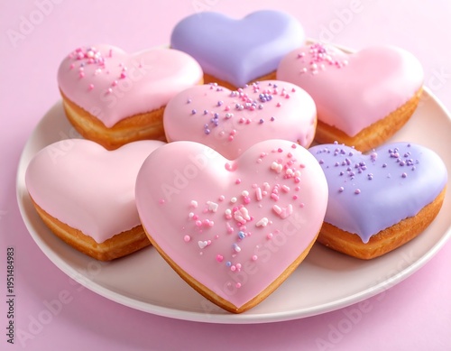 Heart-shaped donuts in pastel colors on a plate