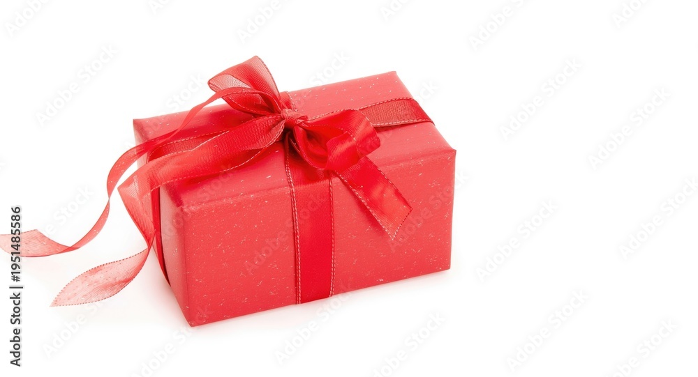 Fototapeta premium Red gift wrapped elegantly with ribbon bow on fresh white backdrop