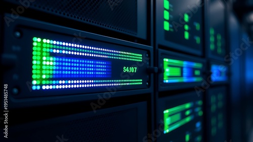 Rack-mounted LED indicator panel in data center environment.