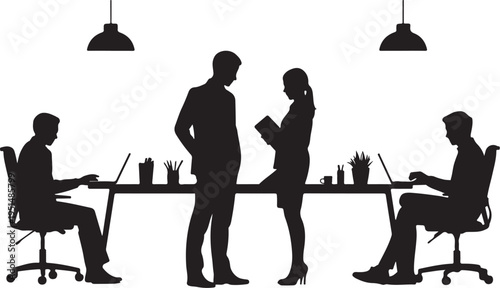 Office workers sitting and standing around conference table with