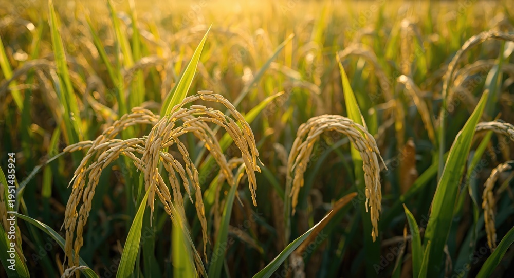 Obraz premium Healthy golden rice grains growing on thick paddy stalks during day