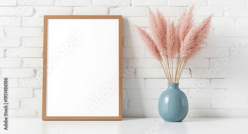 Scandinavian dÃ©cor mockup with wooden picture frame, pastel colors, and pink pampas grass arranged in blue vase against white brick