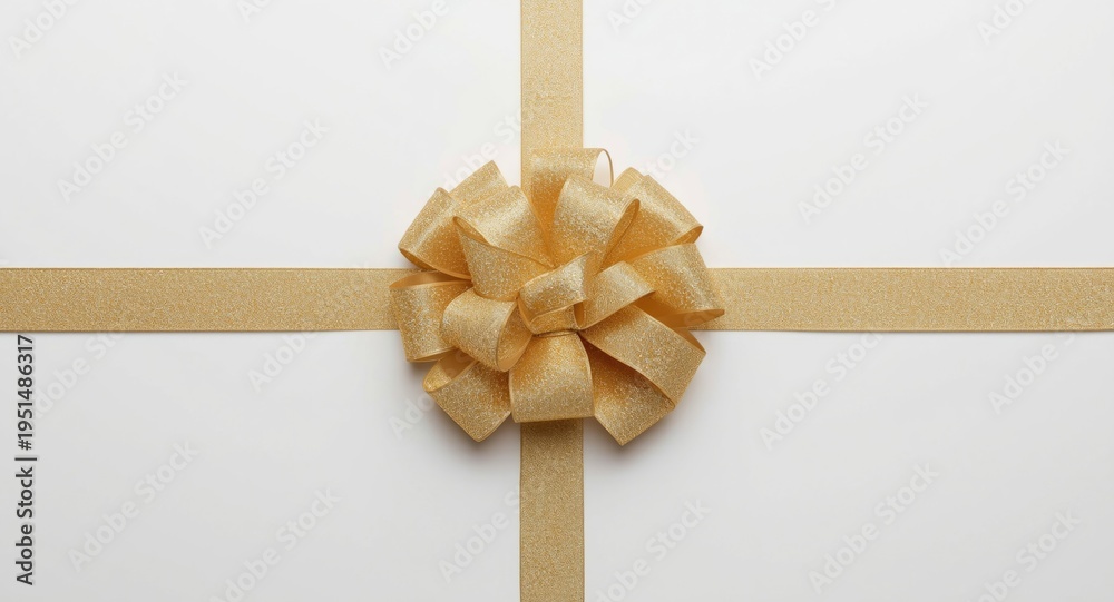 Fototapeta premium Luxurious gold ribbon bow placed atop a soft white panel background with copy space