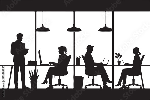 Office workers sitting at desks with computers and a standing man