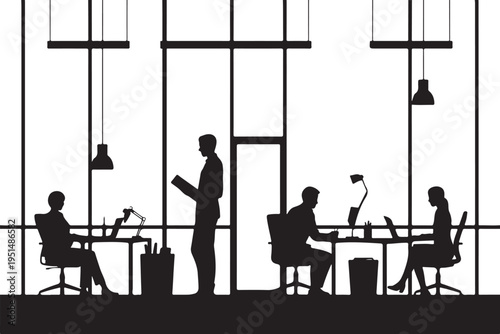 Office workers sitting at desks with standing colleague and large