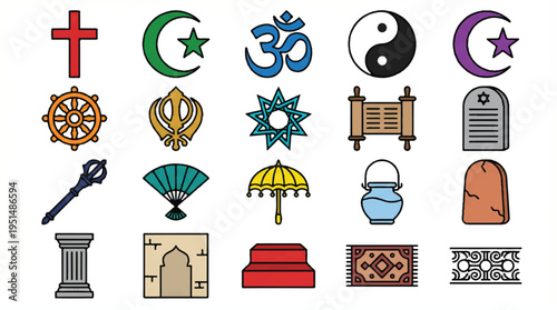 Assortment of world religious and cultural symbols for faith, belief, and spiritual representation