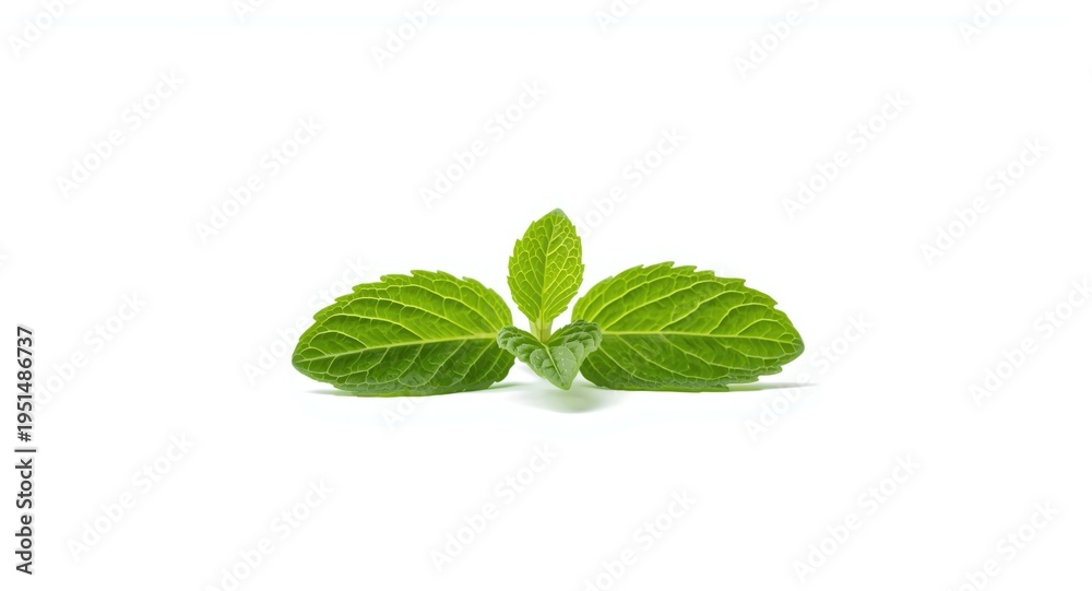 Fototapeta premium Fresh mint leaf photographed on an unblemished white backdrop with complete depth of field