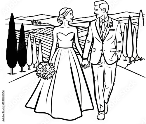 A newlywed couple walks hand-in-hand through a picturesque countryside