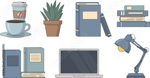 A digital illustration depicts study items coffee, plant, books, laptop, and lamp
