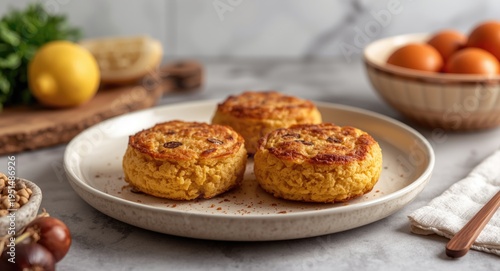 Homestyle bubble and squeak cakes on a ceramic plate in a kitchen environment