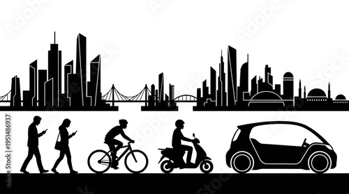 City skyline with various transportation modes.