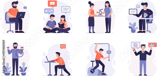 People engaged in various activities, from work to fitness, with digital communication elements