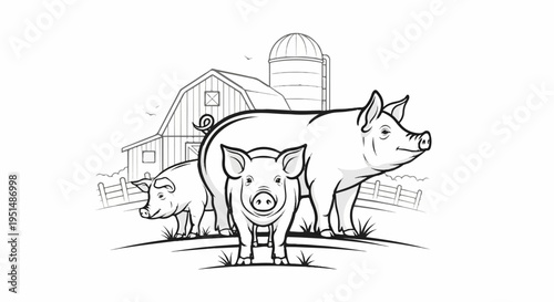 Pigs in front of a barn and silo