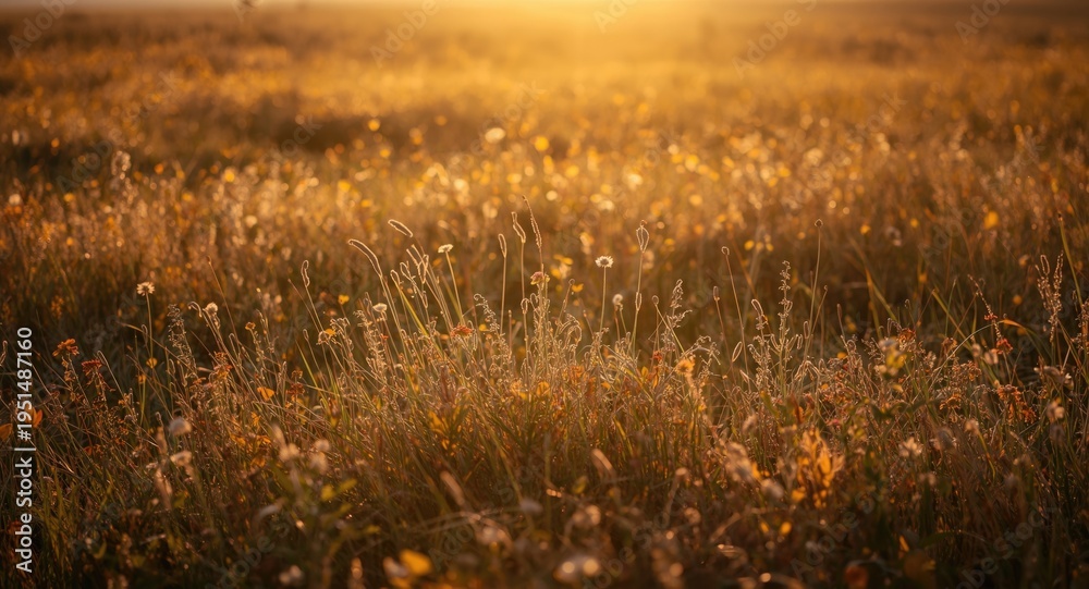 Fototapeta premium Golden light falls gently on a grassy plain filled with seasonal autumn flowers
