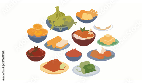 Traditional Indonesian Eid Mubarak snacks colorful food vector collection isolated on white