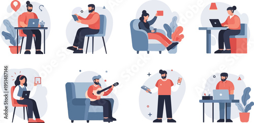 Stylized people interacting with technology and engaged in leisure activities