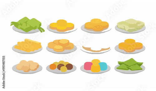 Indonesian traditional Eid snacks collection flat vector food illustration isolated on white