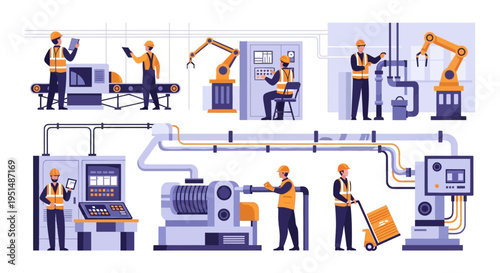 Industrial Automation and Modern Manufacturing Processes with Factory Workers, Robotic Arms, and Production Line Technology