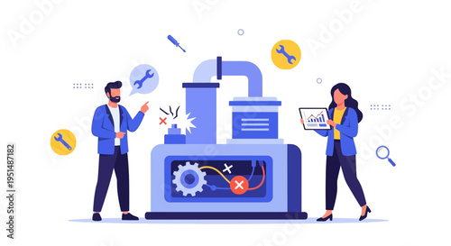 Technical Team Troubleshooting Industrial Machine Malfunction and Repair