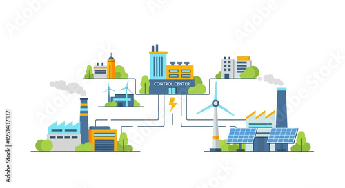 Smart Grid Energy Management System Illustration with Renewable and Traditional Power Sources