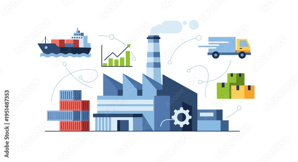 Naklejka premium Integrated Supply Chain, Logistics, and Manufacturing Factory Illustration