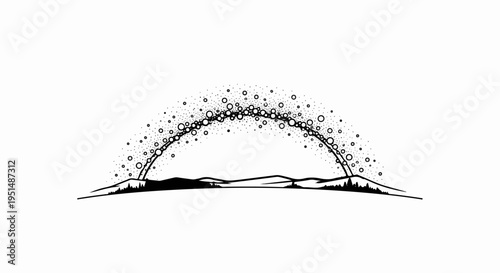 Stylized arc of bubbles over a silhouetted landscape of hills and trees