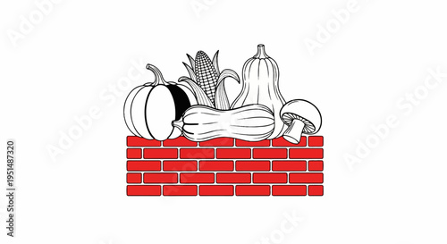 A harvest bounty of pumpkins, squash, corn, and mushrooms atop a red brick wall